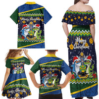 Funny Crocodile and Shark Solomon Islands Christmas Family Matching Off Shoulder Maxi Dress and Hawaiian Shirt with National Seal Melanesian Pattern LT03 - Polynesian Pride