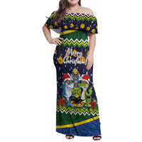 Funny Crocodile and Shark Solomon Islands Christmas Family Matching Off Shoulder Maxi Dress and Hawaiian Shirt with National Seal Melanesian Pattern LT03 Mom's Dress Blue - Polynesian Pride