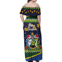 Funny Crocodile and Shark Solomon Islands Christmas Family Matching Off Shoulder Maxi Dress and Hawaiian Shirt with National Seal Melanesian Pattern LT03 - Polynesian Pride