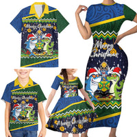 Funny Crocodile and Shark Solomon Islands Christmas Family Matching Short Sleeve Bodycon Dress and Hawaiian Shirt with National Seal Melanesian Pattern LT03 - Polynesian Pride