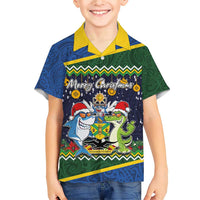 Funny Crocodile and Shark Solomon Islands Christmas Family Matching Short Sleeve Bodycon Dress and Hawaiian Shirt with National Seal Melanesian Pattern LT03 Son's Shirt Blue - Polynesian Pride