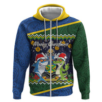 Funny Crocodile and Shark Solomon Islands Christmas Zip Hoodie with National Seal Melanesian Pattern