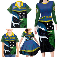 Custom Solomon Islands Rugby Family Matching Long Sleeve Bodycon Dress and Hawaiian Shirt Arty Shark and Crocodile Solomon Islands National Emblems LT03 - Polynesian Pride