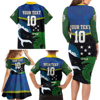 Custom Solomon Islands Rugby Family Matching Long Sleeve Bodycon Dress and Hawaiian Shirt Arty Shark and Crocodile Solomon Islands National Emblems LT03 - Polynesian Pride