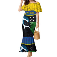 Custom Solomon Islands Rugby Family Matching Mermaid Dress and Hawaiian Shirt Arty Shark and Crocodile Solomon Islands National Emblems LT03 Mom's Dress Blue - Polynesian Pride