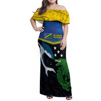 Custom Solomon Islands Rugby Family Matching Off Shoulder Maxi Dress and Hawaiian Shirt Arty Shark and Crocodile Solomon Islands National Emblems LT03 Mom's Dress Blue - Polynesian Pride