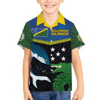 Custom Solomon Islands Rugby Family Matching Off Shoulder Maxi Dress and Hawaiian Shirt Arty Shark and Crocodile Solomon Islands National Emblems LT03 Son's Shirt Blue - Polynesian Pride