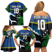 Custom Solomon Islands Rugby Family Matching Off Shoulder Short Dress and Hawaiian Shirt Arty Shark and Crocodile Solomon Islands National Emblems LT03 - Polynesian Pride