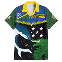 Custom Solomon Islands Rugby Family Matching Off Shoulder Short Dress and Hawaiian Shirt Arty Shark and Crocodile Solomon Islands National Emblems LT03 Dad's Shirt - Short Sleeve Blue - Polynesian Pride