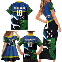 Custom Solomon Islands Rugby Family Matching Short Sleeve Bodycon Dress and Hawaiian Shirt Arty Shark and Crocodile Solomon Islands National Emblems LT03 - Polynesian Pride