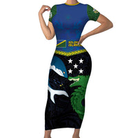 Custom Solomon Islands Rugby Family Matching Short Sleeve Bodycon Dress and Hawaiian Shirt Arty Shark and Crocodile Solomon Islands National Emblems LT03 Mom's Dress Blue - Polynesian Pride