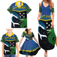 Custom Solomon Islands Rugby Family Matching Summer Maxi Dress and Hawaiian Shirt Arty Shark and Crocodile Solomon Islands National Emblems LT03 - Polynesian Pride