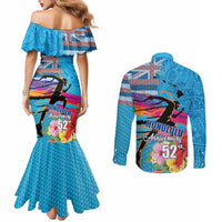 Honolulu Anniversary 52nd Running Couples Matching Mermaid Dress and Long Sleeve Button Shirt Marathon Competition Kakau Pattern Blue Color