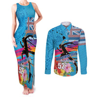 Honolulu Anniversary 52nd Running Couples Matching Tank Maxi Dress and Long Sleeve Button Shirt Marathon Competition Kakau Pattern Blue Color