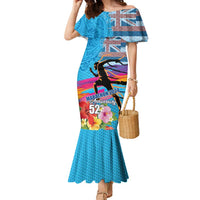 Honolulu Anniversary 52nd Running Family Matching Mermaid Dress and Hawaiian Shirt Marathon Competition Kakau Pattern Blue Color LT03 Mom's Dress Blue - Polynesian Pride