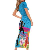 Honolulu Anniversary 52nd Running Family Matching Short Sleeve Bodycon Dress and Hawaiian Shirt Marathon Competition Kakau Pattern Blue Color LT03 - Polynesian Pride