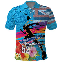 Honolulu Anniversary 52nd Running Polo Shirt Marathon Competition Kakau Pattern Blue Color