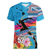 Honolulu Anniversary 52nd Running Women V-Neck T-Shirt Marathon Competition Kakau Pattern Blue Color
