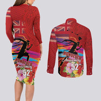 Honolulu Anniversary 52nd Running Couples Matching Long Sleeve Bodycon Dress and Long Sleeve Button Shirt Marathon Competition Kakau Pattern Red Color