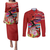 Honolulu Anniversary 52nd Running Couples Matching Puletasi and Long Sleeve Button Shirt Marathon Competition Kakau Pattern Red Color