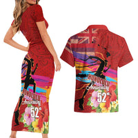 Honolulu Anniversary 52nd Running Couples Matching Short Sleeve Bodycon Dress and Hawaiian Shirt Marathon Competition Kakau Pattern Red Color