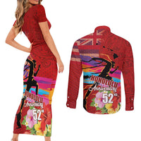 Honolulu Anniversary 52nd Running Couples Matching Short Sleeve Bodycon Dress and Long Sleeve Button Shirt Marathon Competition Kakau Pattern Red Color