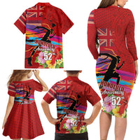 Honolulu Anniversary 52nd Running Family Matching Long Sleeve Bodycon Dress and Hawaiian Shirt Marathon Competition Kakau Pattern Red Color LT03 - Polynesian Pride