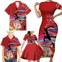Honolulu Anniversary 52nd Running Family Matching Short Sleeve Bodycon Dress and Hawaiian Shirt Marathon Competition Kakau Pattern Red Color LT03 - Polynesian Pride