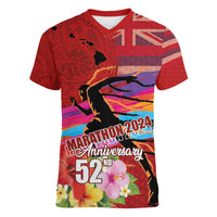 Honolulu Anniversary 52nd Running Women V-Neck T-Shirt Marathon Competition Kakau Pattern Red Color