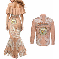 Hawaii Tropical Flowers with Kakau Tribal Couples Matching Mermaid Dress and Long Sleeve Button Shirt Peach Fuzz Color LT03 - Polynesian Pride
