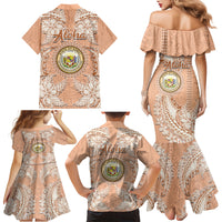 Hawaii Tropical Flowers with Kakau Tribal Family Matching Mermaid Dress and Hawaiian Shirt Peach Fuzz Color LT03 - Polynesian Pride