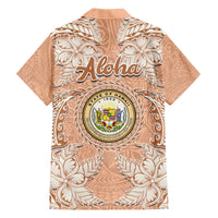 Hawaii Tropical Flowers with Kakau Tribal Family Matching Off Shoulder Maxi Dress and Hawaiian Shirt Peach Fuzz Color LT03 - Polynesian Pride