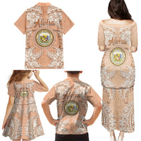 Hawaii Tropical Flowers with Kakau Tribal Family Matching Puletasi Dress and Hawaiian Shirt Peach Fuzz Color LT03 - Polynesian Pride