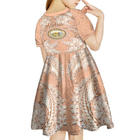 Hawaii Tropical Flowers with Kakau Tribal Kid Short Sleeve Dress Peach Fuzz Color LT03 - Polynesian Pride