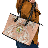 Hawaii Tropical Flowers with Kakau Tribal Leather Tote Bag Peach Fuzz Color LT03 - Polynesian Pride