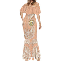 Hawaii Tropical Flowers with Kakau Tribal Mermaid Dress Peach Fuzz Color LT03 - Polynesian Pride