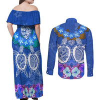 Polynesian Valentine Day Couples Matching Off Shoulder Maxi Dress and Long Sleeve Button Shirt Love Couple Turtle Maori Hibiscus Blue LT03 - Polynesian Pride
