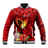 Hawaii Valentine Day Baseball Jacket Couple on Beach mix Hibiscus and Polynesian Tattoo LT03 Unisex Red - Polynesian Pride