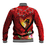 Hawaii Valentine Day Baseball Jacket Couple on Beach mix Hibiscus and Polynesian Tattoo LT03 - Polynesian Pride