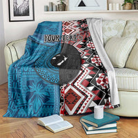Personalised Aotearoa and Fiji Together Blanket Melanesian Warrior and Koru - Taniko with Hibiscus Tapa Pattern LT03 Blue - Polynesian Pride