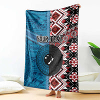 Personalised Aotearoa and Fiji Together Blanket Melanesian Warrior and Koru - Taniko with Hibiscus Tapa Pattern LT03 - Polynesian Pride