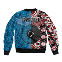 Personalised Aotearoa and Fiji Together Bomber Jacket Melanesian Warrior and Koru - Taniko with Hibiscus Tapa Pattern
