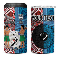 Personalised Aotearoa and Fiji Together 4 in 1 Can Cooler Tumbler Melanesian Warrior and Koru - Taniko with Hibiscus Tapa Pattern