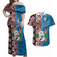 Personalised Aotearoa and Fiji Together Couples Matching Off Shoulder Maxi Dress and Hawaiian Shirt Melanesian Warrior and Koru - Taniko with Hibiscus Tapa Pattern LT03 Blue - Polynesian Pride