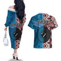 Personalised Aotearoa and Fiji Together Couples Matching Off The Shoulder Long Sleeve Dress and Hawaiian Shirt Melanesian Warrior and Koru - Taniko with Hibiscus Tapa Pattern LT03 - Polynesian Pride