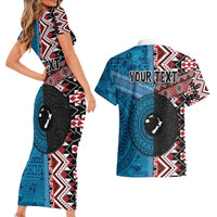 Personalised Aotearoa and Fiji Together Couples Matching Short Sleeve Bodycon Dress and Hawaiian Shirt Melanesian Warrior and Koru - Taniko with Hibiscus Tapa Pattern LT03 - Polynesian Pride