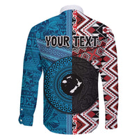 Personalised Aotearoa and Fiji Together Family Matching Off The Shoulder Long Sleeve Dress and Hawaiian Shirt Melanesian Warrior and Koru - Taniko with Hibiscus Tapa Pattern LT03 - Polynesian Pride