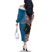 Personalised Aotearoa and Fiji Together Family Matching Off The Shoulder Long Sleeve Dress and Hawaiian Shirt Melanesian Warrior and Koru - Taniko with Hibiscus Tapa Pattern LT03 - Polynesian Pride