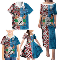Personalised Aotearoa and Fiji Together Family Matching Puletasi and Hawaiian Shirt Melanesian Warrior and Koru - Taniko with Hibiscus Tapa Pattern LT03 - Polynesian Pride