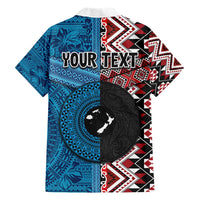 Personalised Aotearoa and Fiji Together Family Matching Short Sleeve Bodycon Dress and Hawaiian Shirt Melanesian Warrior and Koru - Taniko with Hibiscus Tapa Pattern LT03 - Polynesian Pride